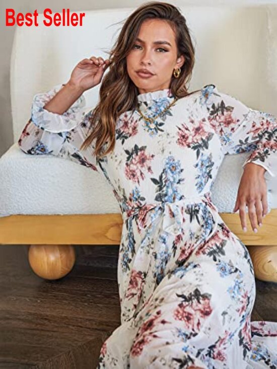 Chiffon Midi Dress with Long Sleeves and Mock Neck for Wedding Guest - Picture 6 of 7